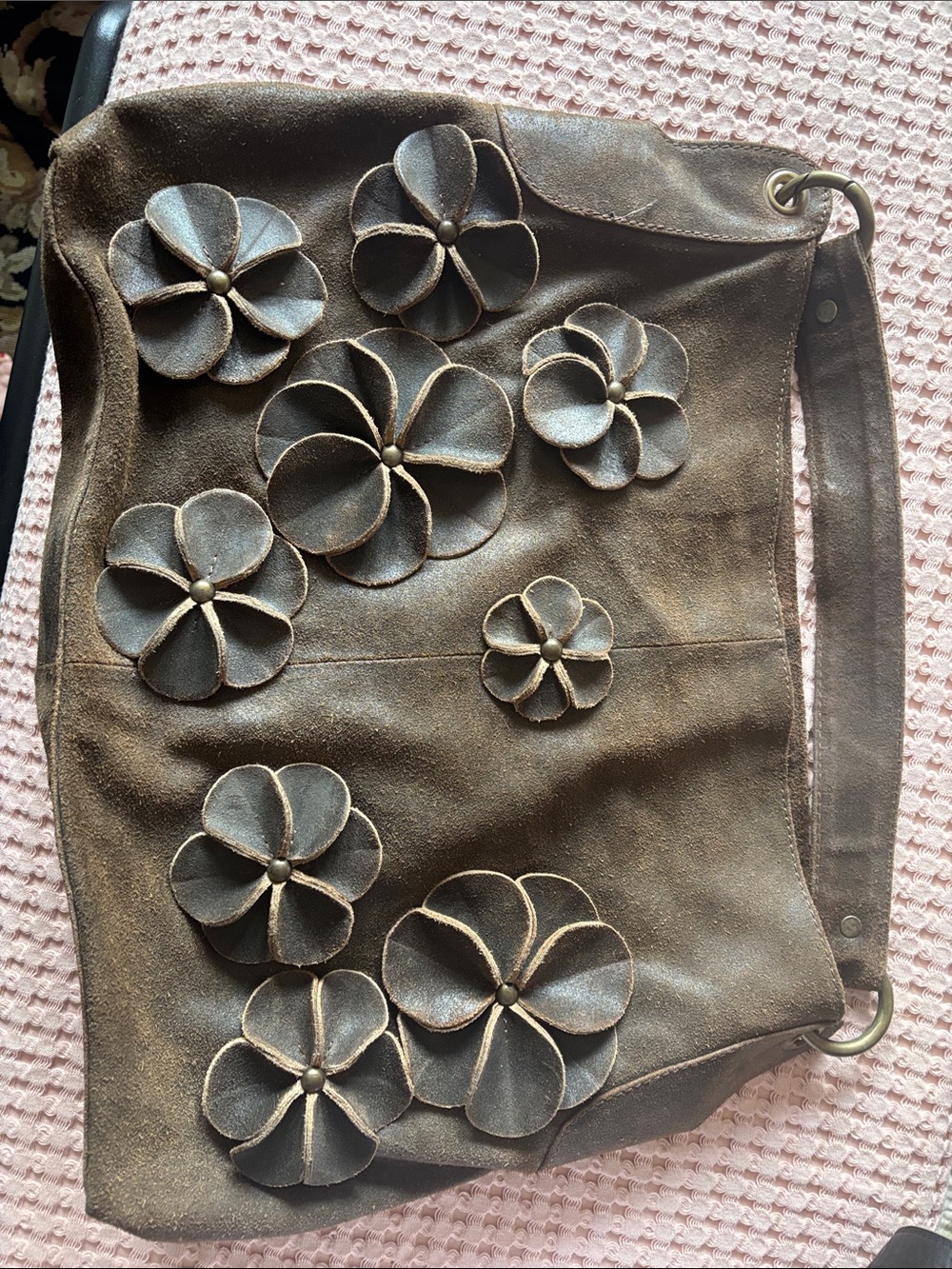 Anthropologie Brown Suede Floral Appliqué Shoulder Bag